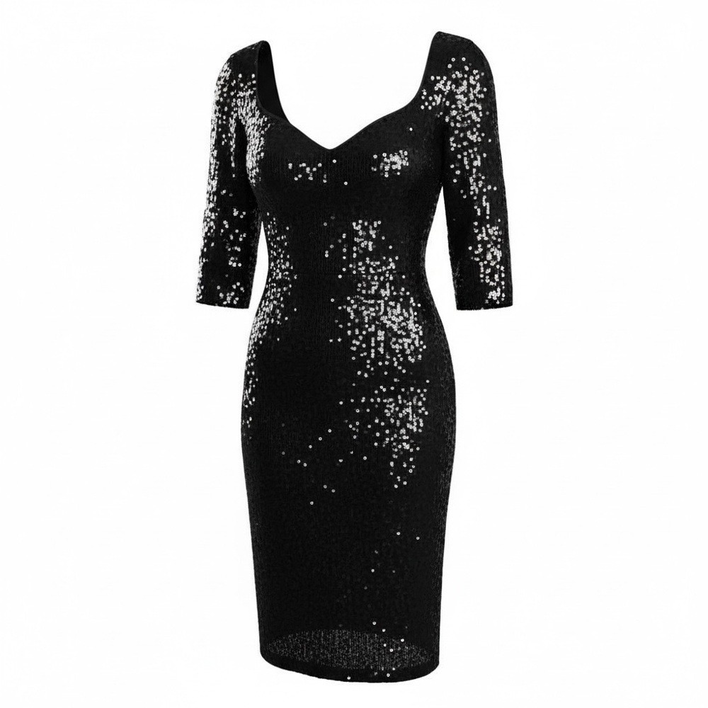 BOSS Dress Womens 2 Black Dihera Sequin Sheath Sweetheart Neck 3/4 Sleeve